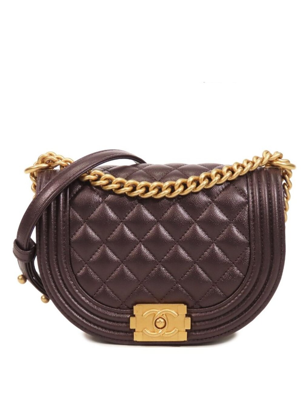 Chanel Boy Dark Brown Gold Leather Chain Small Shoulder Bag